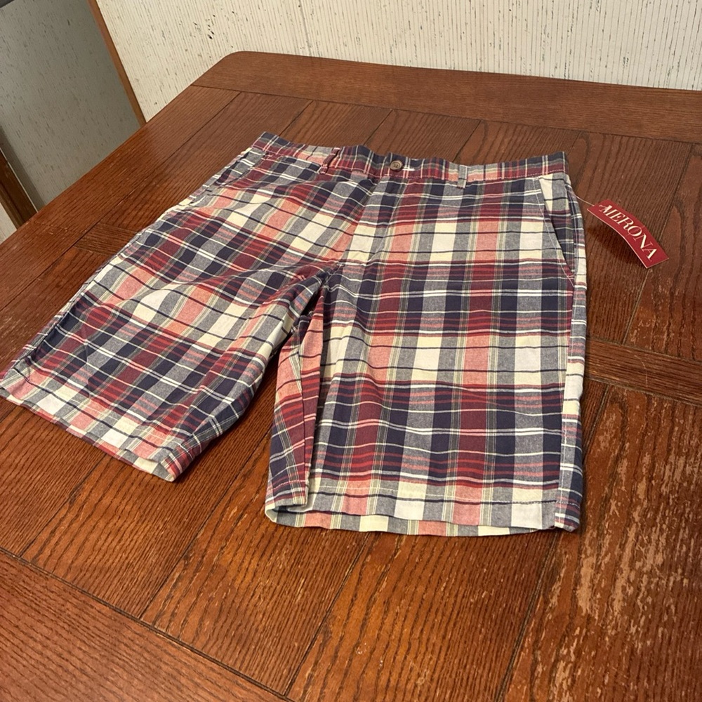Merona Chino Shorts Men’s 36 Blue Plaid Flat Front NWT